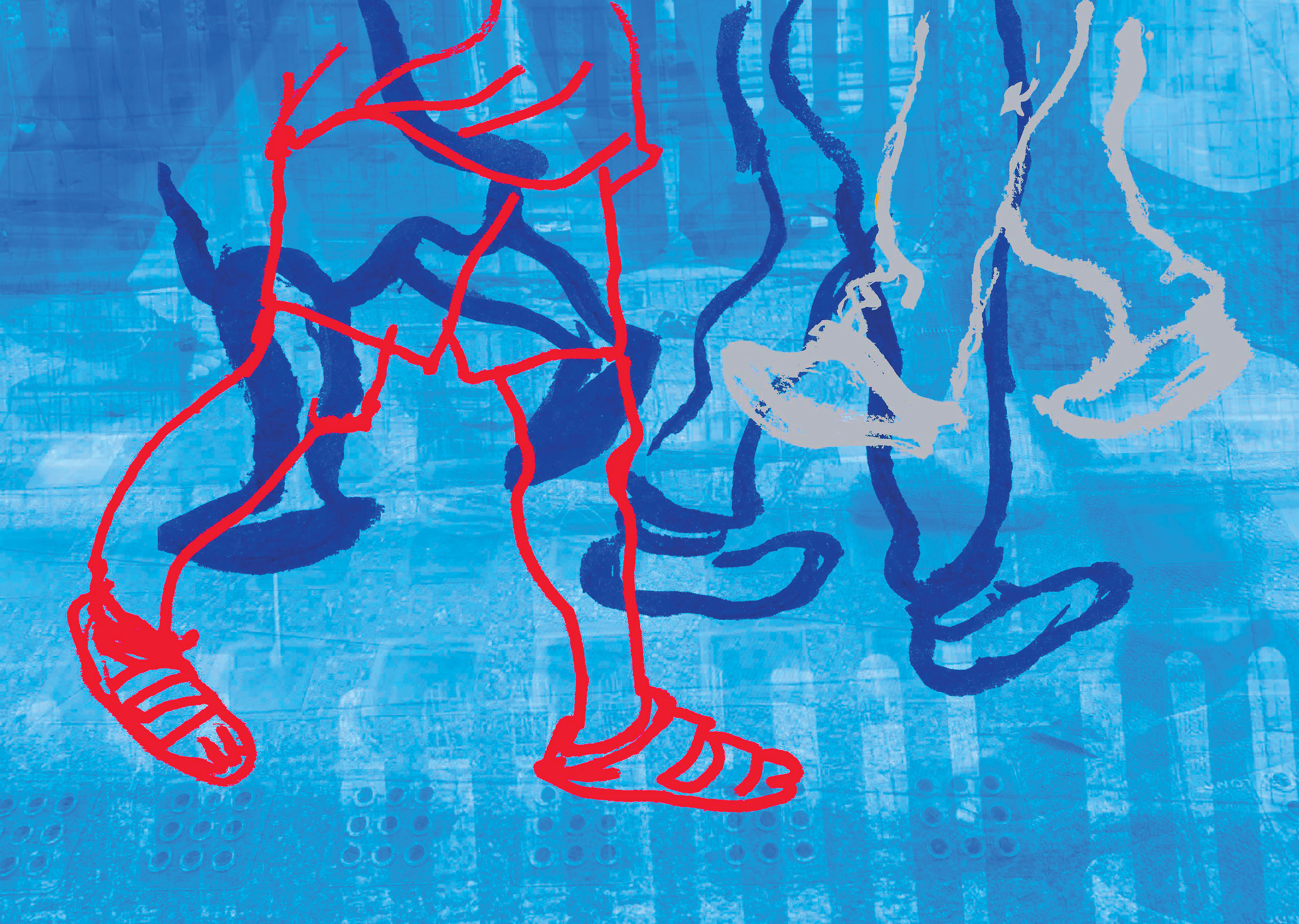 This second image shows another corresponsing visual piece. It is  vibrant blue in colour and shows feet moving in almost blurred motions over steps corresposing to it's partner visual image. Again, this  second image shows feet moving on what could be described as a busy cityscape, however the feet in this image are not all blue but are contrasted with some red, white and emboldened textures of blue throughout to show almost the shadowing of feet moving.