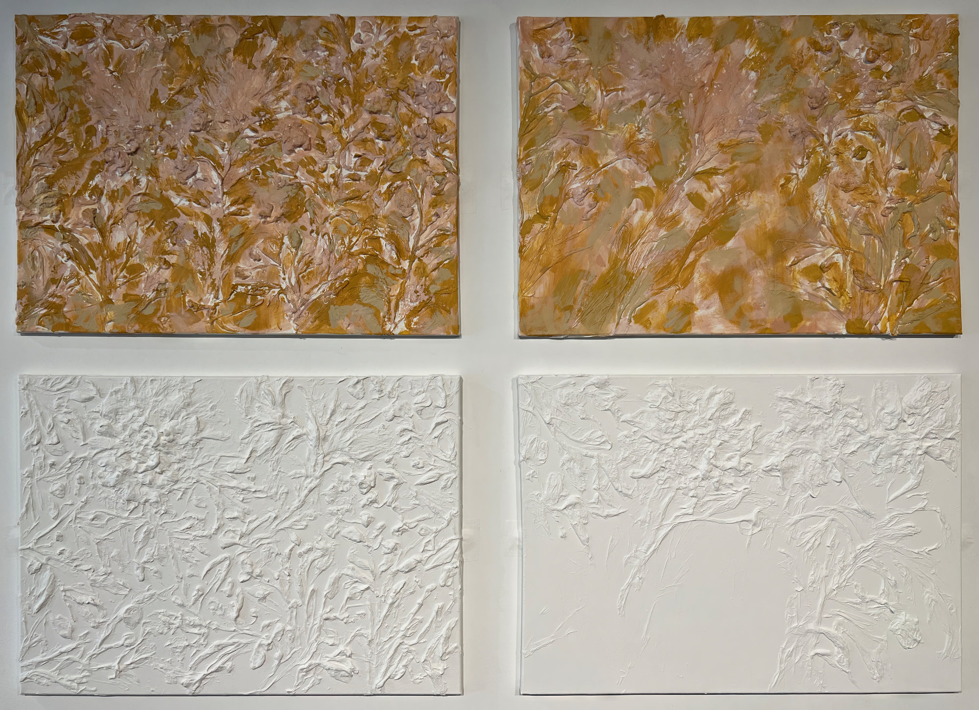 This image comprises of four canvas images; two white, two yellow in colour. Each canvas has textures built up through soft sponged marks and relief tissue paper,depicting roses and leaves. The coloured paintings are washed in a warm glow of pale pinks, yellows and touches of green.