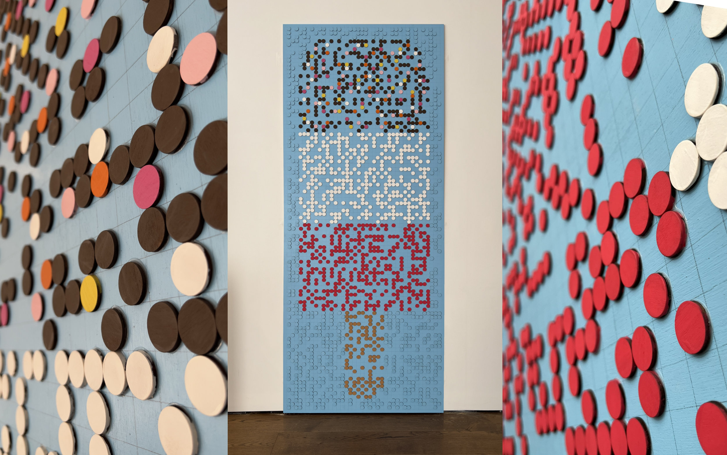 A montage of three perspectives of the work. The central image shows the colourful shape of a Fab lolly is shown on a bright blue background. The image is made of braille in spots of different colours to show the lolly’s chocolate-dipped top, bands of red and white and the lolly’s stick.