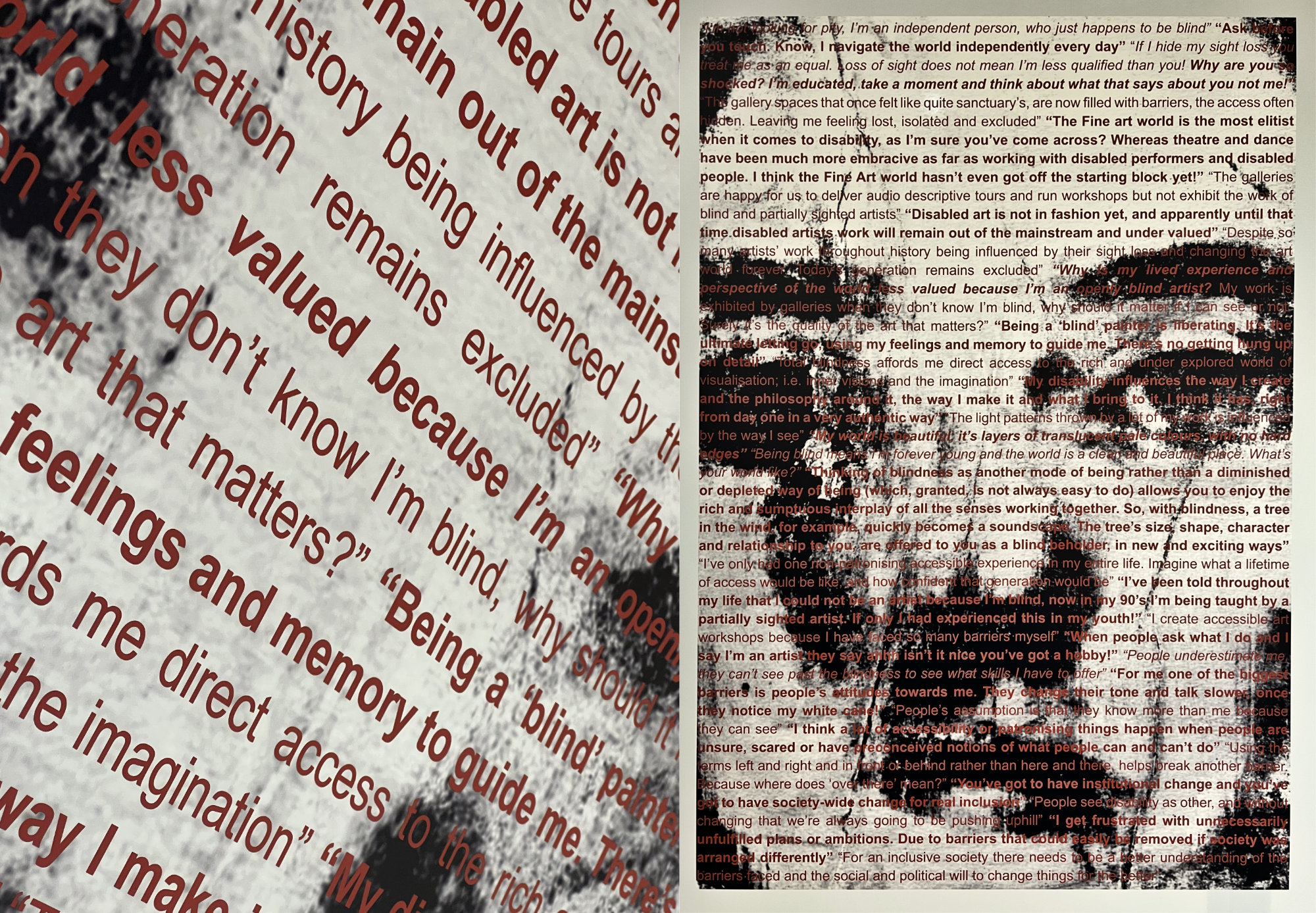 This image shows 2 perspectives of the physical work, showing words which are shared in the audio description and transcription in full scrawled over a distorted image of a female face. The colors are dark-brown to black for the portrait of the face with the letters shown in a bronze-brown colour.
