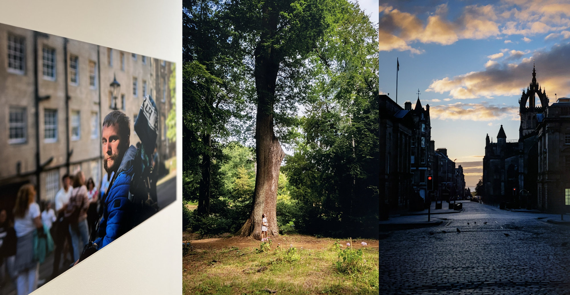 The image shows 3 of the 4 images that comprise this work; image one at the far left corner, shows a cityscape of Edinburgh at sunset with the majestic castle in the background. Image two second from the left shows a tourist looking into the camera with crowds surrounding him in the busy cityscape. Image three, third from the left shows a majestic tree with a small individual looking upwards at its magnificence. The final image on the right hand side shows a seascape with a green island off in the distance.